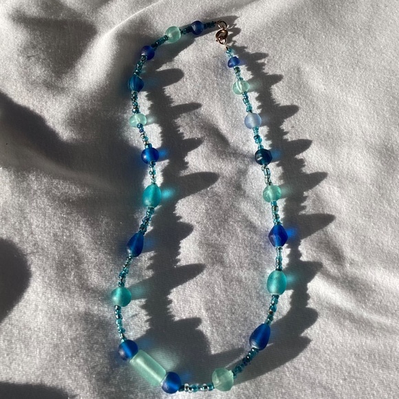 Blue Frosted glass Necklace and Earrings Handmade - Picture 3 of 4